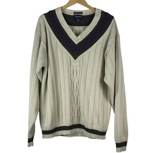 Vintage GANT Men's Beige Purple V Neck Chunky Knit Sweater Size 2XT Cotton GUC